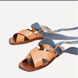 Zara lace up leather sandals w/ blue ribbon